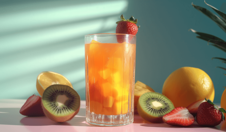 Koktajl truskawkowy z kiwi, ananasem i pomarańczą