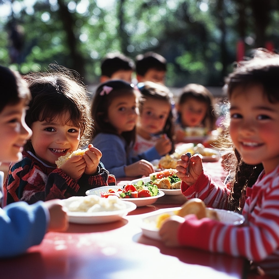 Dzieci przy stole podczas posiłku na świeżym powietrzu