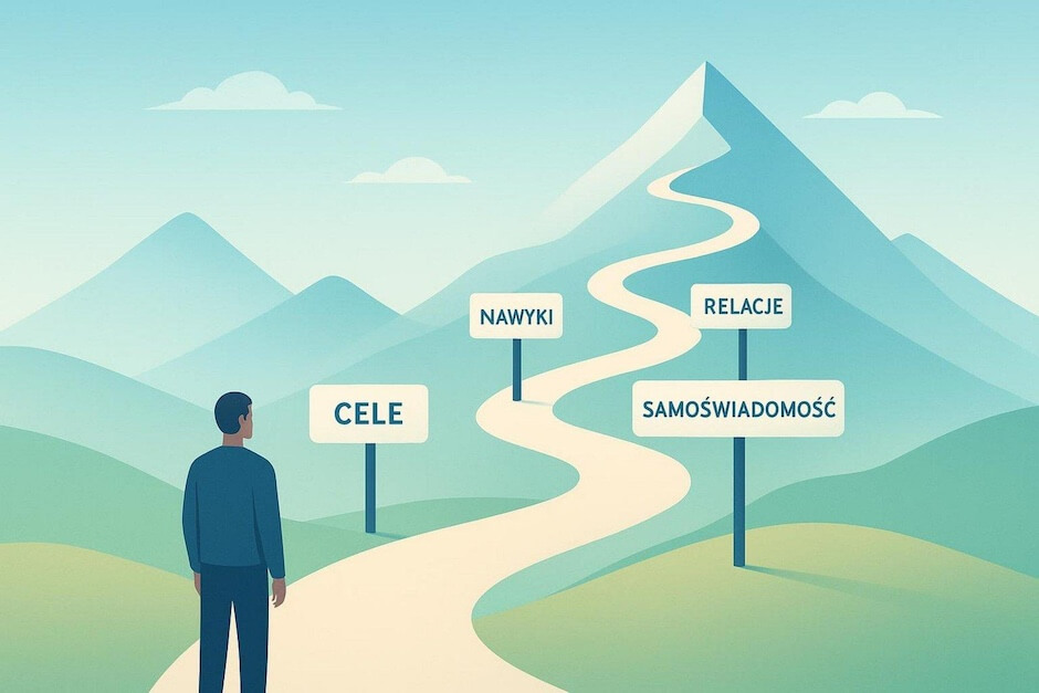 Grafika, mężczyzna idący w stronę góry, kręta ścieżka